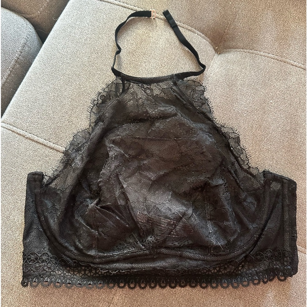 Victoria’s Secret black lace, underwire, high neck bra.  Size 36C